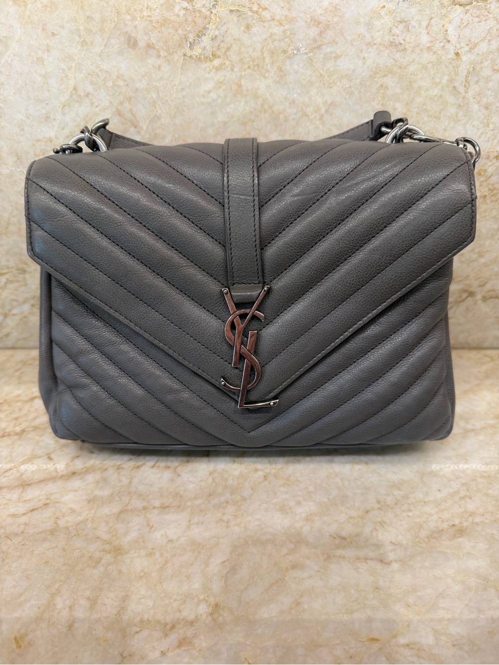 Saint Laurent Gray Quilted Chevron Leather Shoulder Bag with YSL Logo